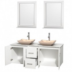 60 inch Double Bathroom Vanity in Matte White, White Carrera Marble Countertop, Avalon Ivory Marble Sinks, and 24 inch Mirrors
