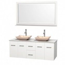 60 inch Double Bathroom Vanity in Matte White, White Carrera Marble Countertop, Avalon Ivory Marble Sinks, and 58 inch Mirror