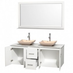 60 inch Double Bathroom Vanity in Matte White, White Carrera Marble Countertop, Avalon Ivory Marble Sinks, and 58 inch Mirror