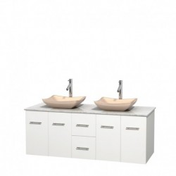 60 inch Double Bathroom Vanity in Matte White, White Carrera Marble Countertop, Avalon Ivory Marble Sinks, and No Mirror