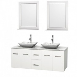 60 inch Double Bathroom Vanity in Matte White, White Carrera Marble Countertop, Avalon White Carrera Marble Sinks, and 24 inch