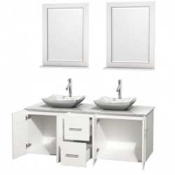 60 inch Double Bathroom Vanity in Matte White, White Carrera Marble Countertop, Avalon White Carrera Marble Sinks, and 24 inch