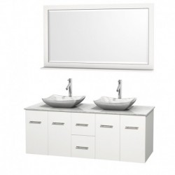 60 inch Double Bathroom Vanity in Matte White, White Carrera Marble Countertop, Avalon White Carrera Marble Sinks, and 58 inch