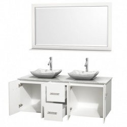 60 inch Double Bathroom Vanity in Matte White, White Carrera Marble Countertop, Avalon White Carrera Marble Sinks, and 58 inch