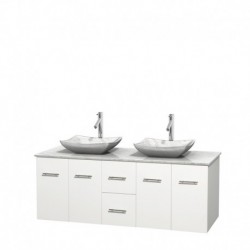 60 inch Double Bathroom Vanity in Matte White, White Carrera Marble Countertop, Avalon White Carrera Marble Sinks, and No Mirro