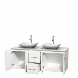60 inch Double Bathroom Vanity in Matte White, White Carrera Marble Countertop, Avalon White Carrera Marble Sinks, and No Mirro