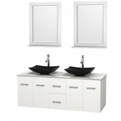 60 inch Double Bathroom Vanity in Matte White, White Carrera Marble Countertop, Arista Black Granite Sinks, and 24 inch Mirrors