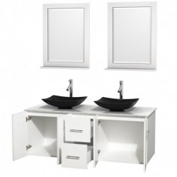 60 inch Double Bathroom Vanity in Matte White, White Carrera Marble Countertop, Arista Black Granite Sinks, and 24 inch Mirrors