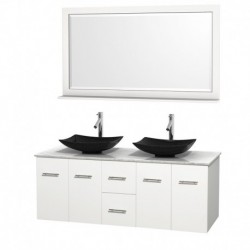 60 inch Double Bathroom Vanity in Matte White, White Carrera Marble Countertop, Arista Black Granite Sinks, and 58 inch Mirror