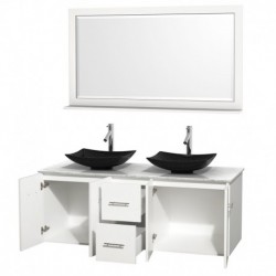 60 inch Double Bathroom Vanity in Matte White, White Carrera Marble Countertop, Arista Black Granite Sinks, and 58 inch Mirror