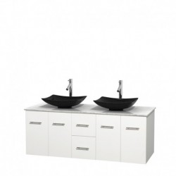 60 inch Double Bathroom Vanity in Matte White, White Carrera Marble Countertop, Arista Black Granite Sinks, and No Mirror