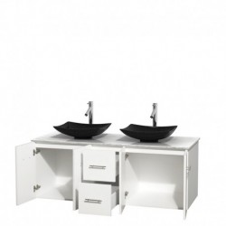 60 inch Double Bathroom Vanity in Matte White, White Carrera Marble Countertop, Arista Black Granite Sinks, and No Mirror