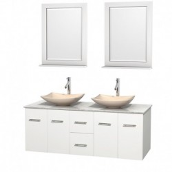60 inch Double Bathroom Vanity in Matte White, White Carrera Marble Countertop, Arista Ivory Marble Sinks, and 24 inch Mirrors