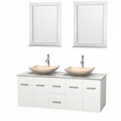 60 inch Double Bathroom Vanity in Matte White, White Carrera Marble Countertop, Arista Ivory Marble Sinks, and 24 inch Mirrors
