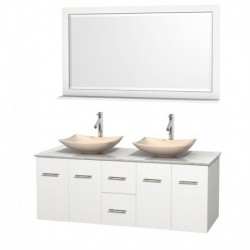 60 inch Double Bathroom Vanity in Matte White, White Carrera Marble Countertop, Arista Ivory Marble Sinks, and 58 inch Mirror