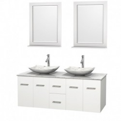 60 inch Double Bathroom Vanity in Matte White, White Carrera Marble Countertop, Arista White Carrera Marble Sinks, and 24 inch