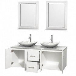 60 inch Double Bathroom Vanity in Matte White, White Carrera Marble Countertop, Arista White Carrera Marble Sinks, and 24 inch