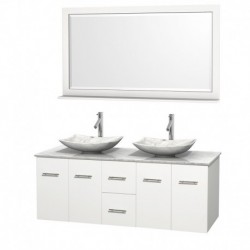 60 inch Double Bathroom Vanity in Matte White, White Carrera Marble Countertop, Arista White Carrera Marble Sinks, and 58 inch