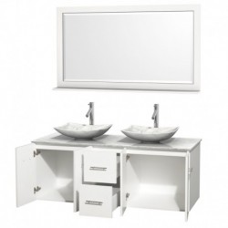 60 inch Double Bathroom Vanity in Matte White, White Carrera Marble Countertop, Arista White Carrera Marble Sinks, and 58 inch