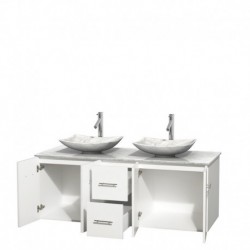 60 inch Double Bathroom Vanity in Matte White, White Carrera Marble Countertop, Arista White Carrera Marble Sinks, and No Mirro