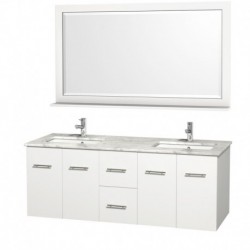 60 inch Double Bathroom Vanity in Matte White, White Carrera Marble Countertop, Square Porcelain Undermount Sinks, and 58 inch