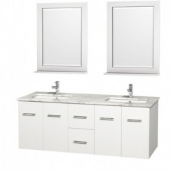 60 inch Double Bathroom Vanity in Matte White, White Carrera Marble Countertop, Undermount Square Sink, and 24 inch Mirrors