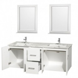 60 inch Double Bathroom Vanity in Matte White, White Carrera Marble Countertop, Undermount Square Sink, and 24 inch Mirrors