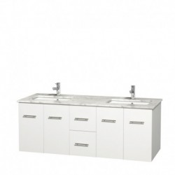 60 inch Double Bathroom Vanity in Matte White, White Carrera Marble Countertop, Undermount Square Sinks, and No Mirror