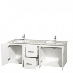 60 inch Double Bathroom Vanity in Matte White, White Carrera Marble Countertop, Undermount Square Sinks, and No Mirror