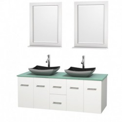 60 inch Double Bathroom Vanity in Matte White, Green Glass Countertop, Altair Black Granite Sinks, and 24 inch Mirrors
