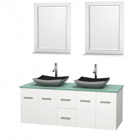 60 inch Double Bathroom Vanity in Matte White, Green Glass Countertop, Altair Black Granite Sinks, and 24 inch Mirrors