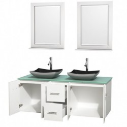 60 inch Double Bathroom Vanity in Matte White, Green Glass Countertop, Altair Black Granite Sinks, and 24 inch Mirrors