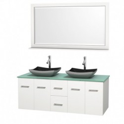 60 inch Double Bathroom Vanity in Matte White, Green Glass Countertop, Altair Black Granite Sinks, and 58 inch Mirror