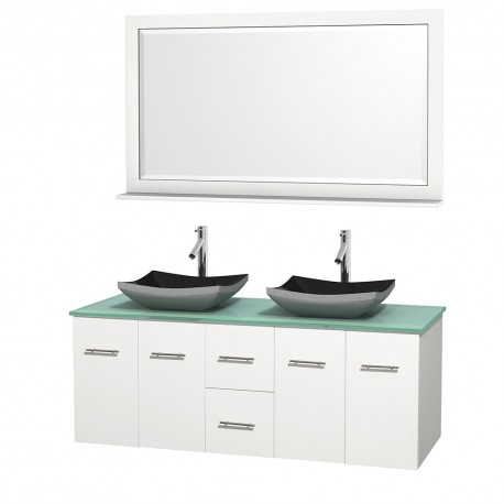 60 inch Double Bathroom Vanity in Matte White, Green Glass Countertop, Altair Black Granite Sinks, and 58 inch Mirror