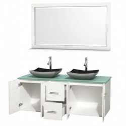 60 inch Double Bathroom Vanity in Matte White, Green Glass Countertop, Altair Black Granite Sinks, and 58 inch Mirror