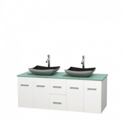 60 inch Double Bathroom Vanity in Matte White, Green Glass Countertop, Altair Black Granite Sinks, and No Mirror