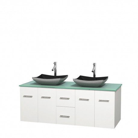 60 inch Double Bathroom Vanity in Matte White, Green Glass Countertop, Altair Black Granite Sinks, and No Mirror