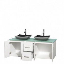 60 inch Double Bathroom Vanity in Matte White, Green Glass Countertop, Altair Black Granite Sinks, and No Mirror
