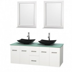 60 inch Double Bathroom Vanity in Matte White, Green Glass Countertop, Arista Black Granite Sinks, and 24 inch Mirrors