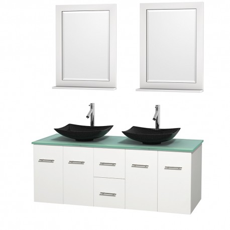 60 inch Double Bathroom Vanity in Matte White, Green Glass Countertop, Arista Black Granite Sinks, and 24 inch Mirrors