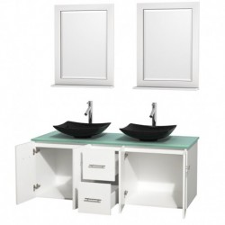 60 inch Double Bathroom Vanity in Matte White, Green Glass Countertop, Arista Black Granite Sinks, and 24 inch Mirrors