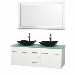 60 inch Double Bathroom Vanity in Matte White, Green Glass Countertop, Arista Black Granite Sinks, and 58 inch Mirror