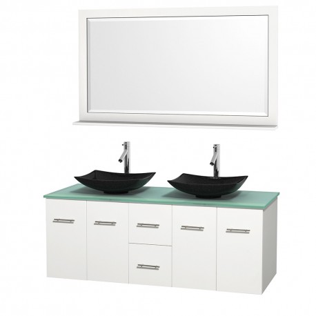 60 inch Double Bathroom Vanity in Matte White, Green Glass Countertop, Arista Black Granite Sinks, and 58 inch Mirror