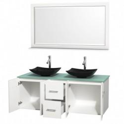 60 inch Double Bathroom Vanity in Matte White, Green Glass Countertop, Arista Black Granite Sinks, and 58 inch Mirror
