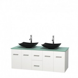 60 inch Double Bathroom Vanity in Matte White, Green Glass Countertop, Arista Black Granite Sinks, and No Mirror