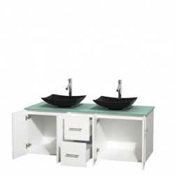 60 inch Double Bathroom Vanity in Matte White, Green Glass Countertop, Arista Black Granite Sinks, and No Mirror