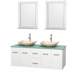 60 inch Double Bathroom Vanity in Matte White, Green Glass Countertop, Arista Ivory Marble Sinks, and 24 inch Mirrors