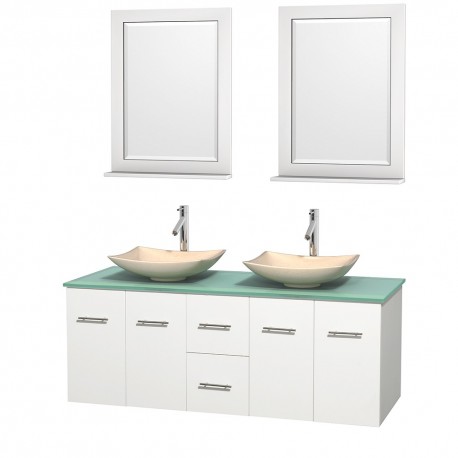 60 inch Double Bathroom Vanity in Matte White, Green Glass Countertop, Arista Ivory Marble Sinks, and 24 inch Mirrors