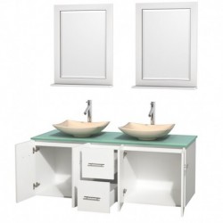 60 inch Double Bathroom Vanity in Matte White, Green Glass Countertop, Arista Ivory Marble Sinks, and 24 inch Mirrors
