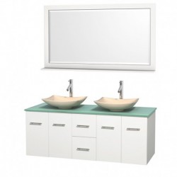60 inch Double Bathroom Vanity in Matte White, Green Glass Countertop, Arista Ivory Marble Sinks, and 58 inch Mirror